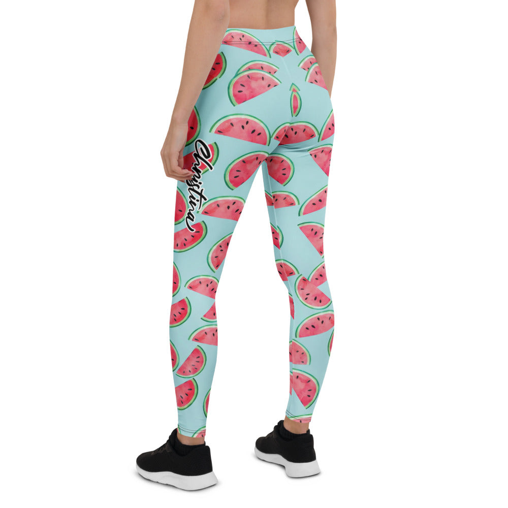 Personalisierte Damen Sportleggings Wassermelone Muster Hellblau Fitness Yoga Leggings B688