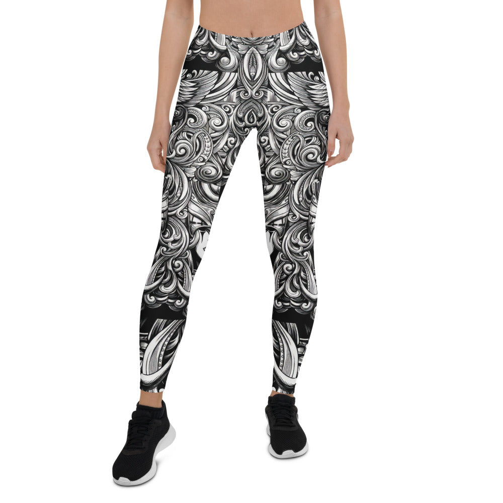 Personalisierte Damen Sportleggings Schwarz Weiß Ornament Muster Fitness Leggings Yoga Hose K513