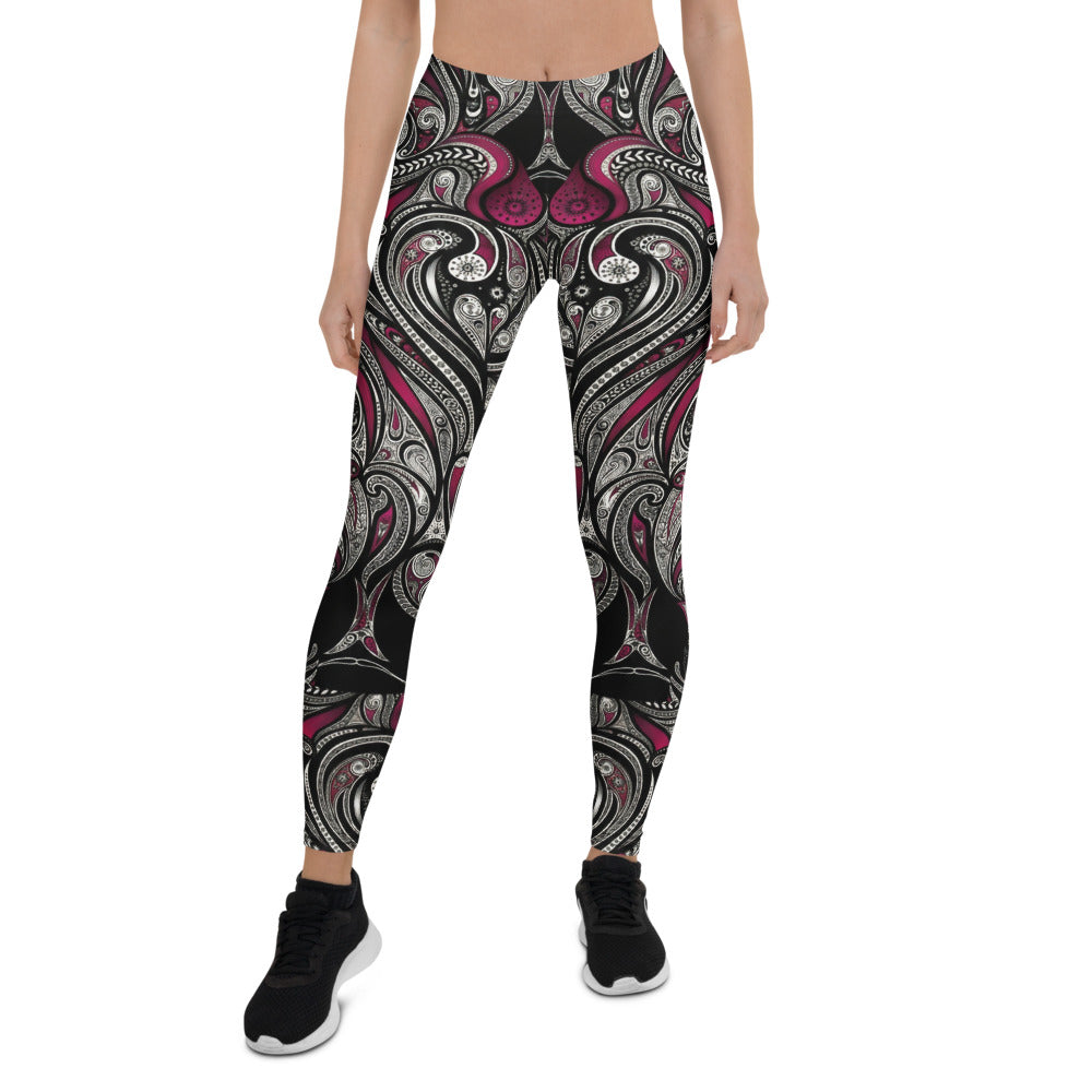 Personalisierte Damen Sportleggings Paisley Design Schwarz Weiß Weinrot Fitness Yoga Leggings T547