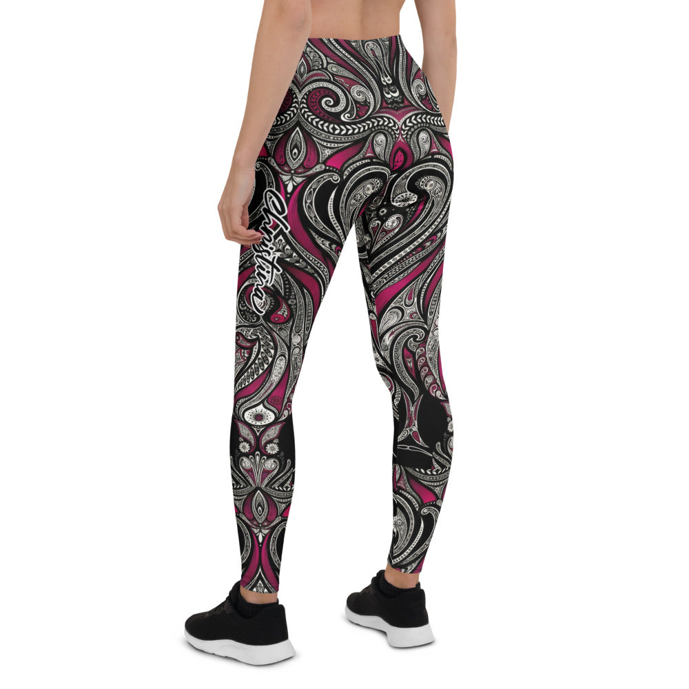 Personalisierte Damen Sportleggings Paisley Design Schwarz Weiß Weinrot Fitness Yoga Leggings T547