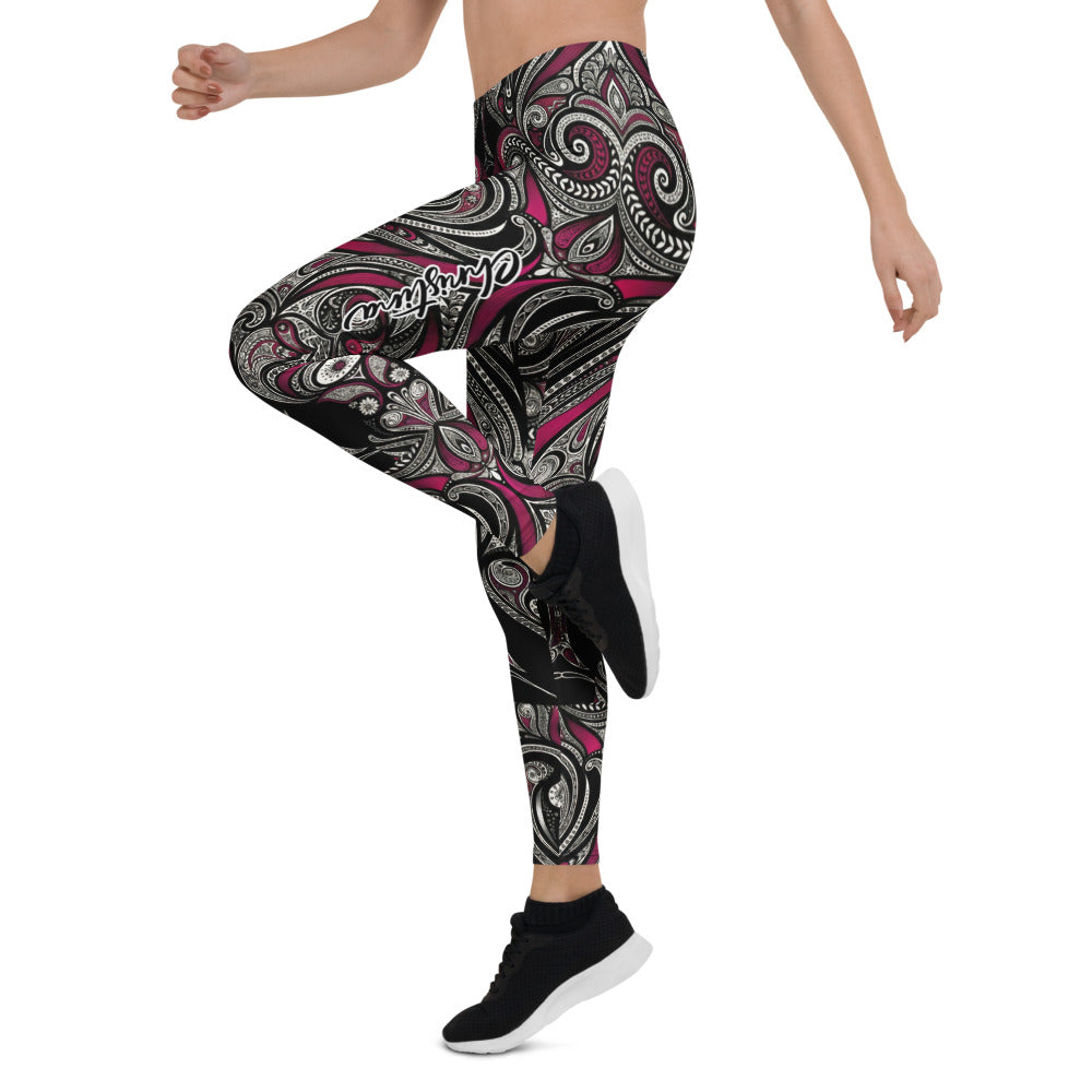 Personalisierte Damen Sportleggings Paisley Design Schwarz Weiß Weinrot Fitness Yoga Leggings T547