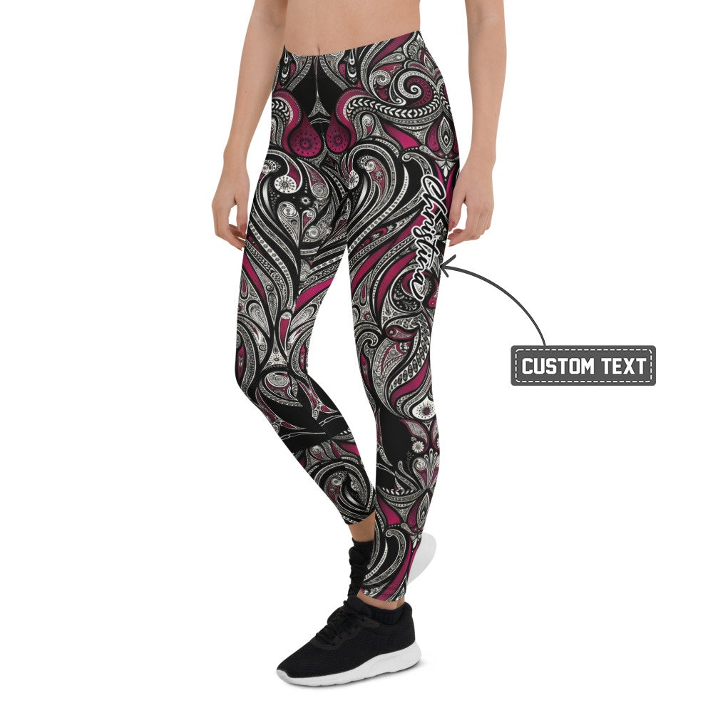Personalisierte Damen Sportleggings Paisley Design Schwarz Weiß Weinrot Fitness Yoga Leggings T547 - XL