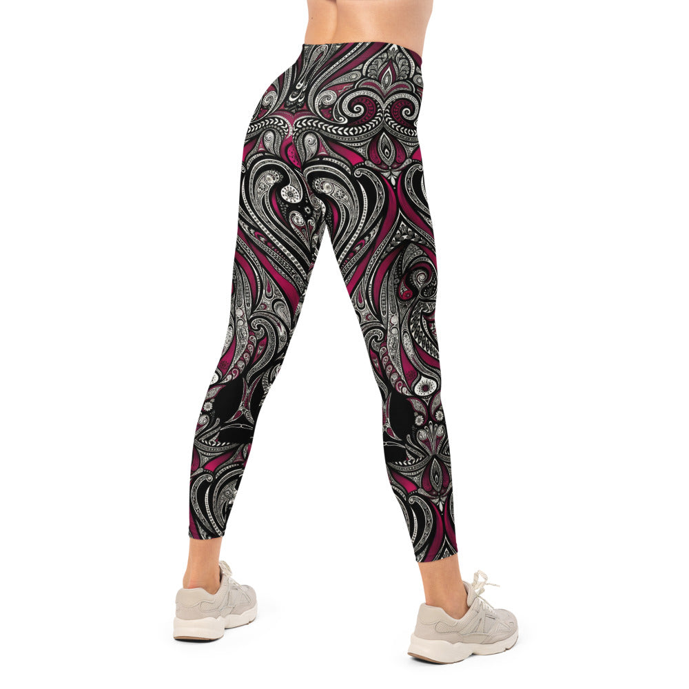 Personalisierte Damen Sportleggings Paisley Design Schwarz Weiß Weinrot Fitness Yoga Leggings T547
