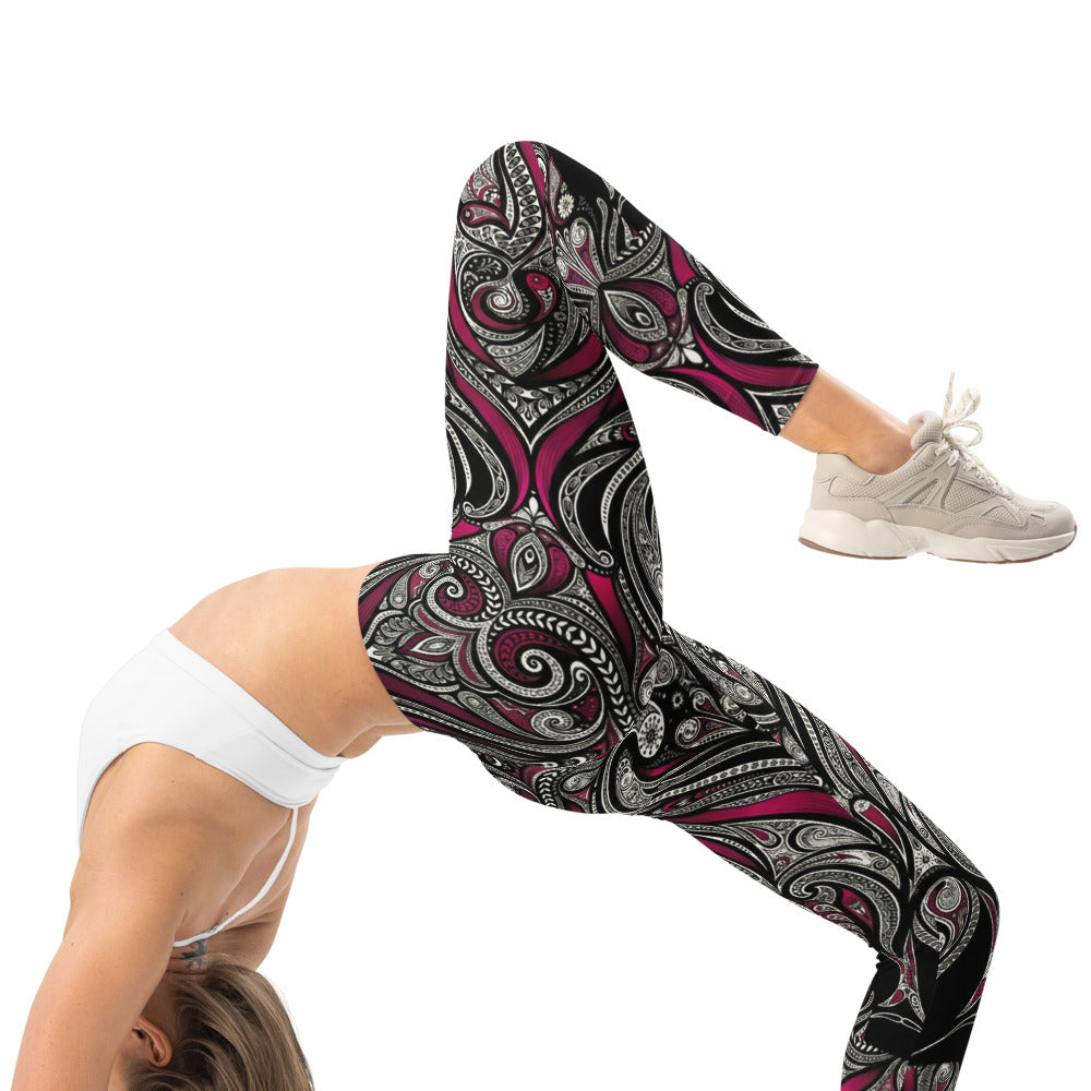 Personalisierte Damen Sportleggings Paisley Design Schwarz Weiß Weinrot Fitness Yoga Leggings T547