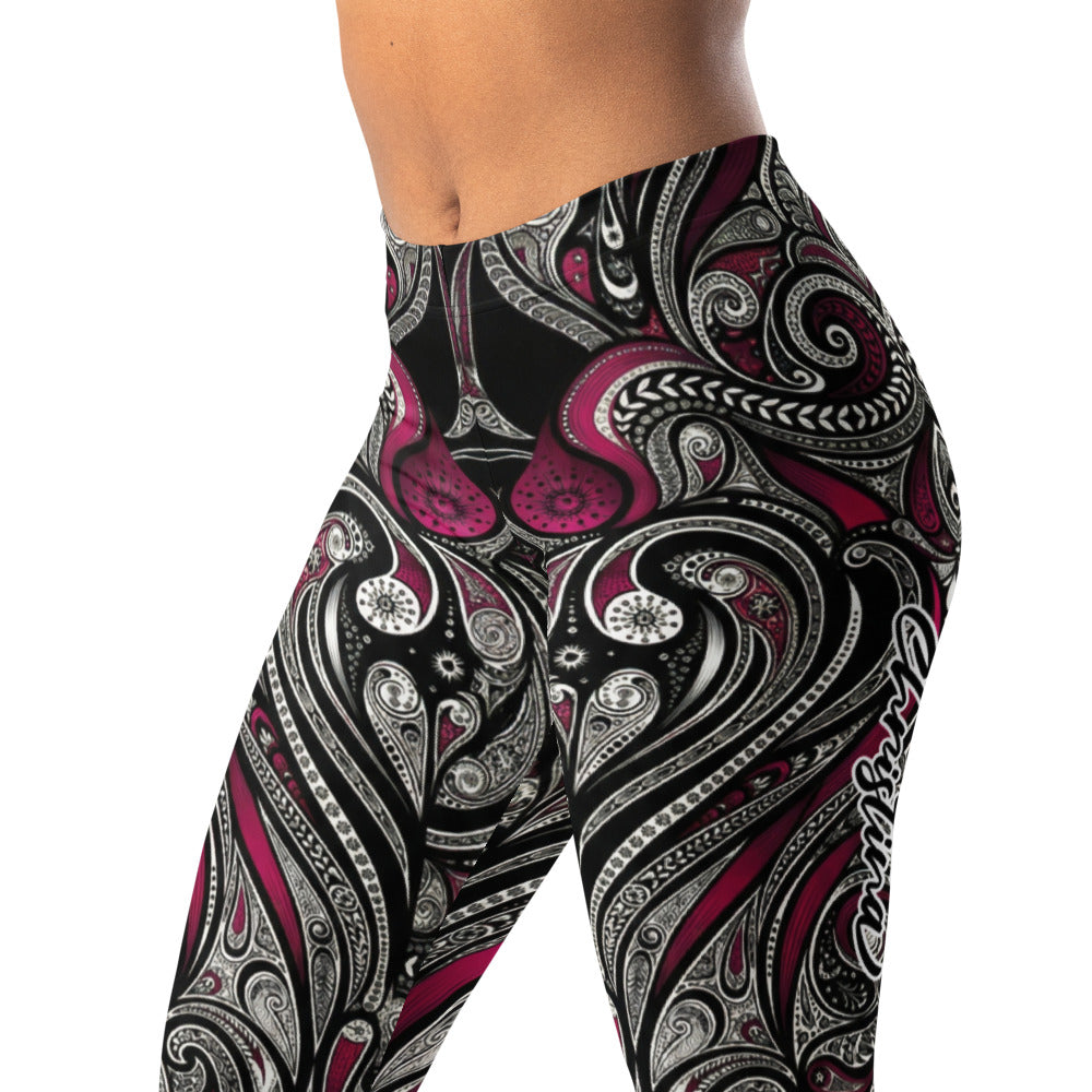 Personalisierte Damen Sportleggings Paisley Design Schwarz Weiß Weinrot Fitness Yoga Leggings T547