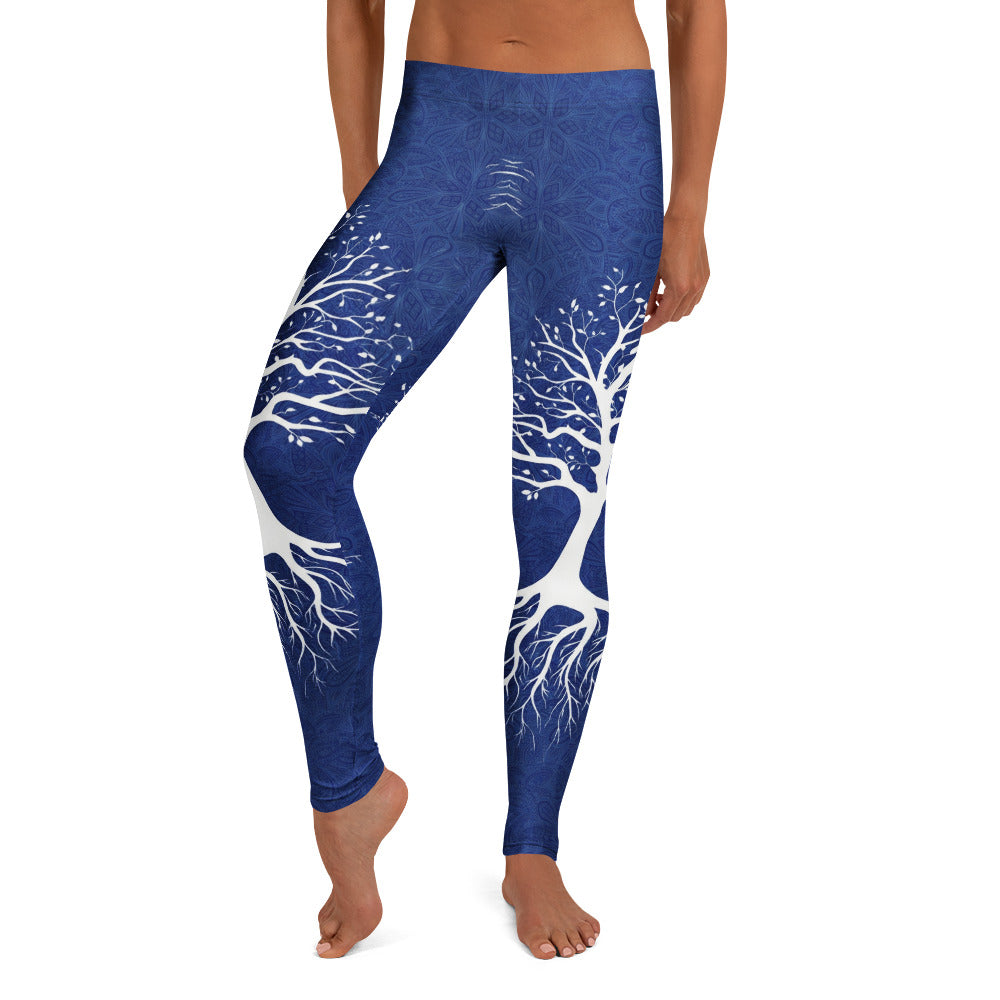 Personalisierte Sportleggings Damen Lebensbaum Motiv Blau Weiß Yoga Leggings Fitnesshose Mandala Design A698