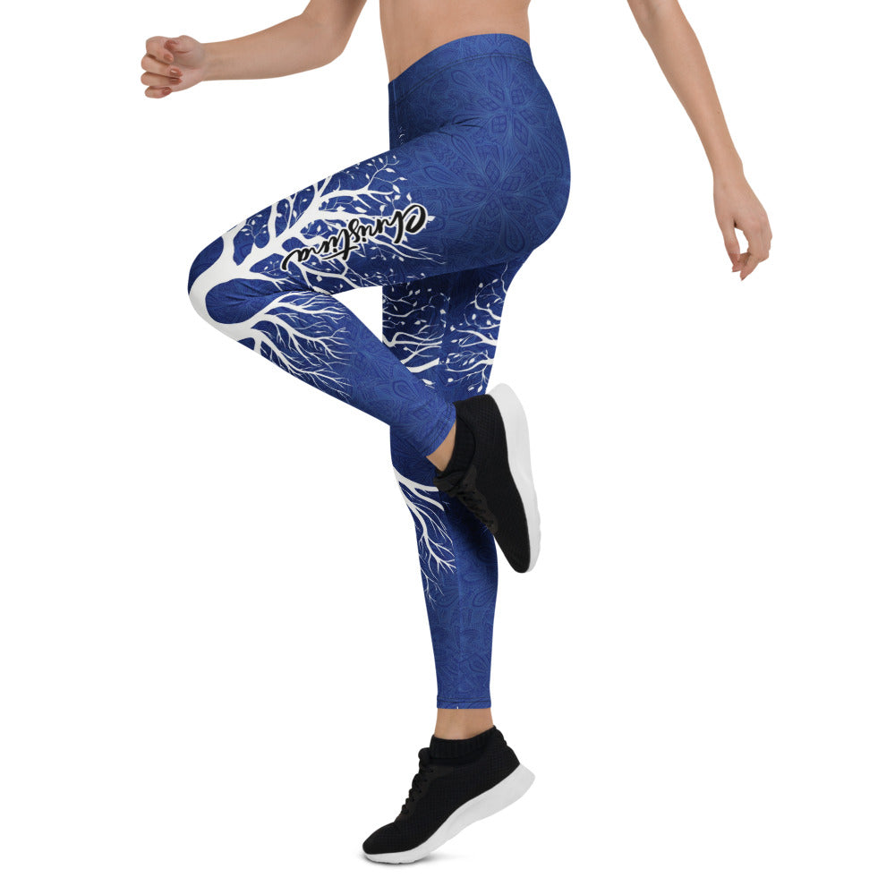 Personalisierte Sportleggings Damen Lebensbaum Motiv Blau Weiß Yoga Leggings Fitnesshose Mandala Design A698
