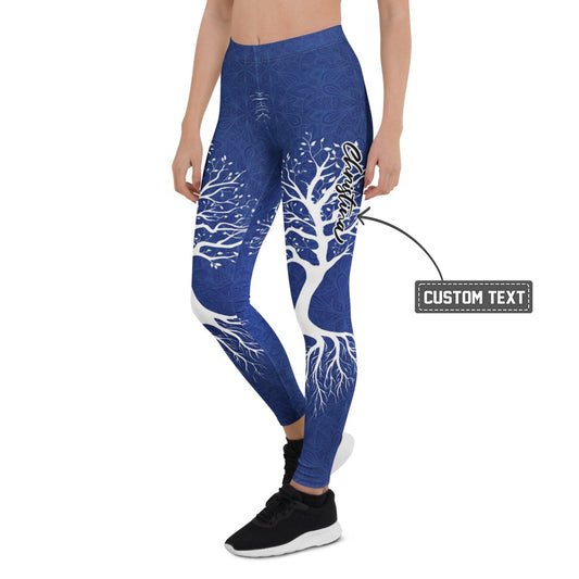 Personalisierte Sportleggings Damen Lebensbaum Motiv Blau Weiß Yoga Leggings Fitnesshose Mandala Design A698 - XL