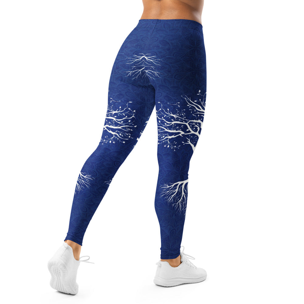 Personalisierte Sportleggings Damen Lebensbaum Motiv Blau Weiß Yoga Leggings Fitnesshose Mandala Design A698