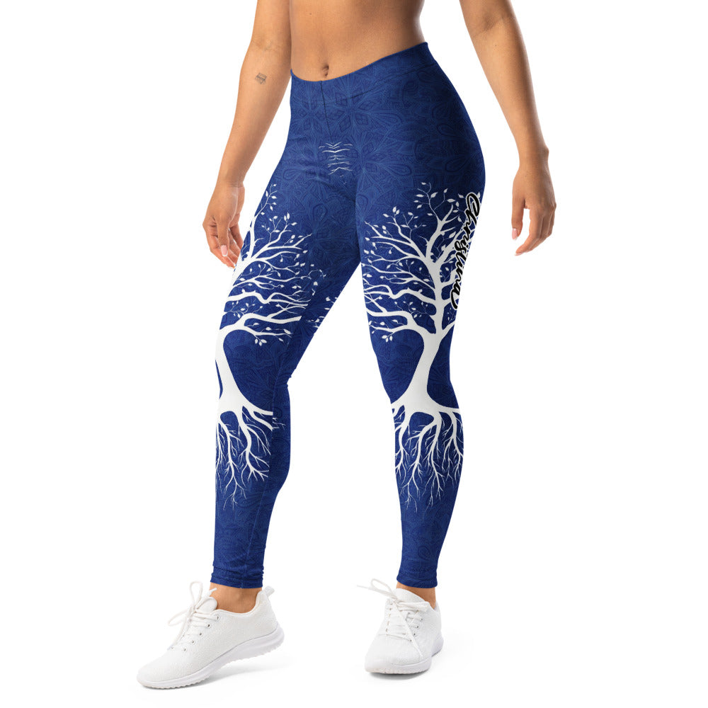 Personalisierte Sportleggings Damen Lebensbaum Motiv Blau Weiß Yoga Leggings Fitnesshose Mandala Design A698