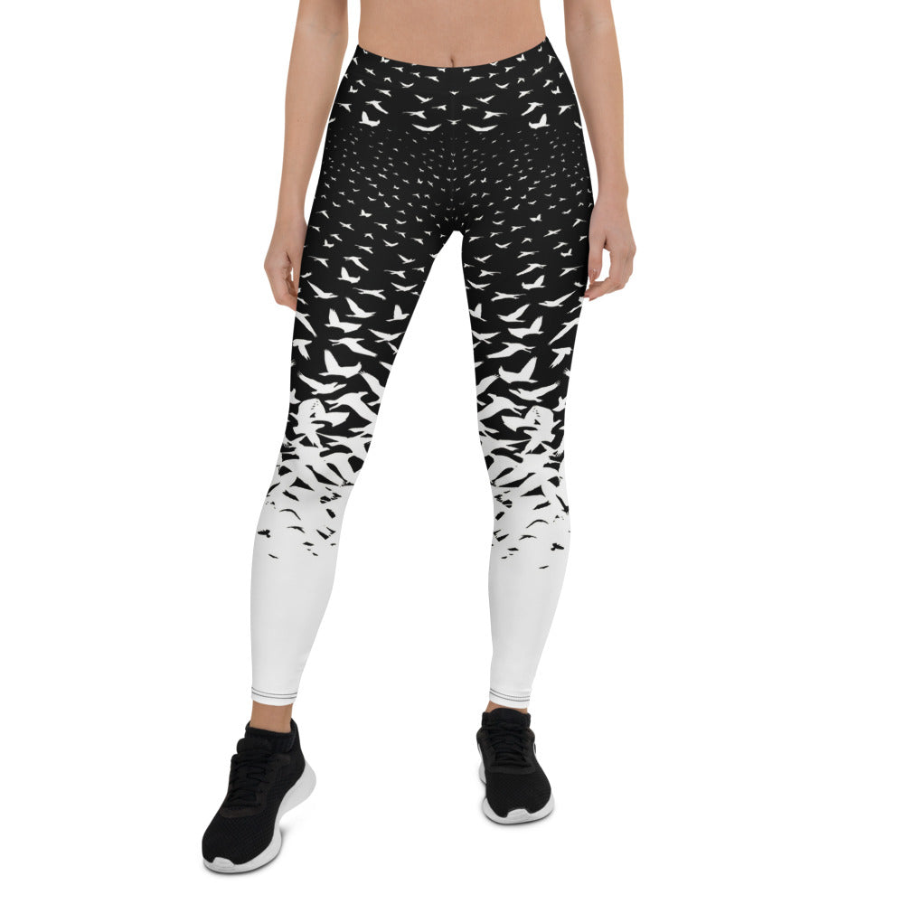 Personalisierte Damen Sportleggings Schwarz Weiß Vogelmuster Fitness Yoga Leggings Farbverlauf J054