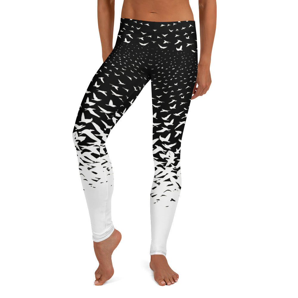Personalisierte Damen Sportleggings Schwarz Weiß Vogelmuster Fitness Yoga Leggings Farbverlauf J054
