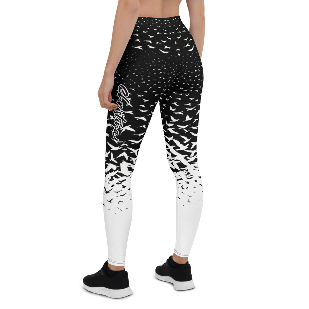 Personalisierte Damen Sportleggings Schwarz Weiß Vogelmuster Fitness Yoga Leggings Farbverlauf J054