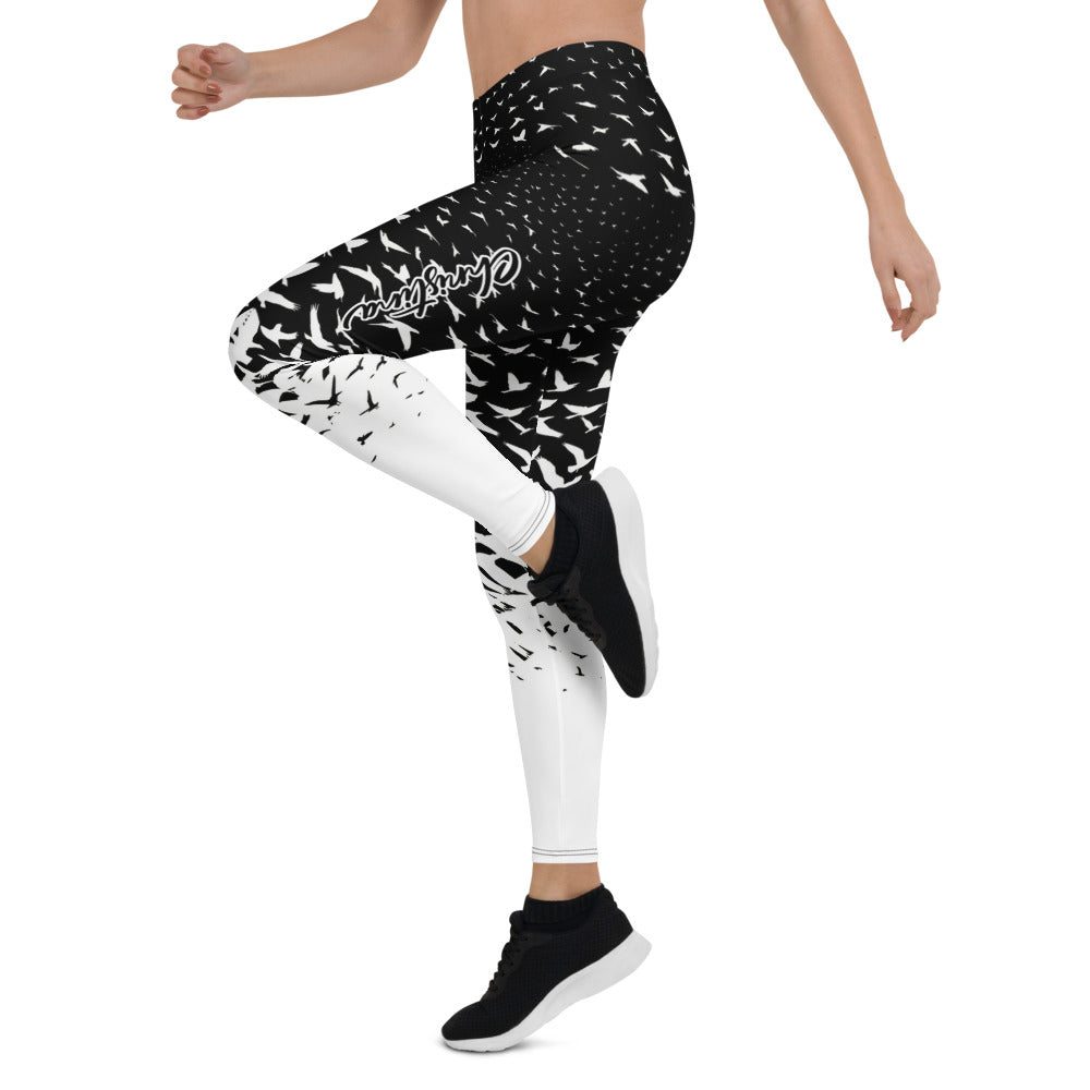 Personalisierte Damen Sportleggings Schwarz Weiß Vogelmuster Fitness Yoga Leggings Farbverlauf J054