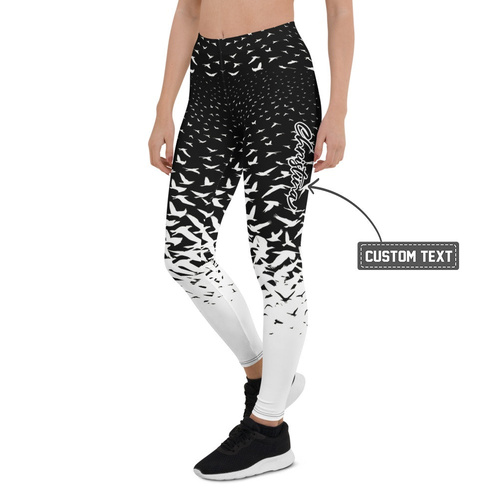 Personalisierte Damen Sportleggings Schwarz Weiß Vogelmuster Fitness Yoga Leggings Farbverlauf J054 - XL