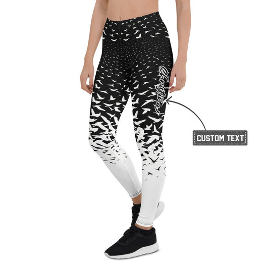 Personalisierte Damen Sportleggings Schwarz Weiß Vogelmuster Fitness Yoga Leggings Farbverlauf J054 - XL