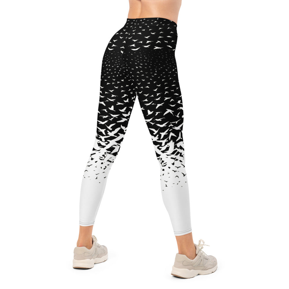 Personalisierte Damen Sportleggings Schwarz Weiß Vogelmuster Fitness Yoga Leggings Farbverlauf J054