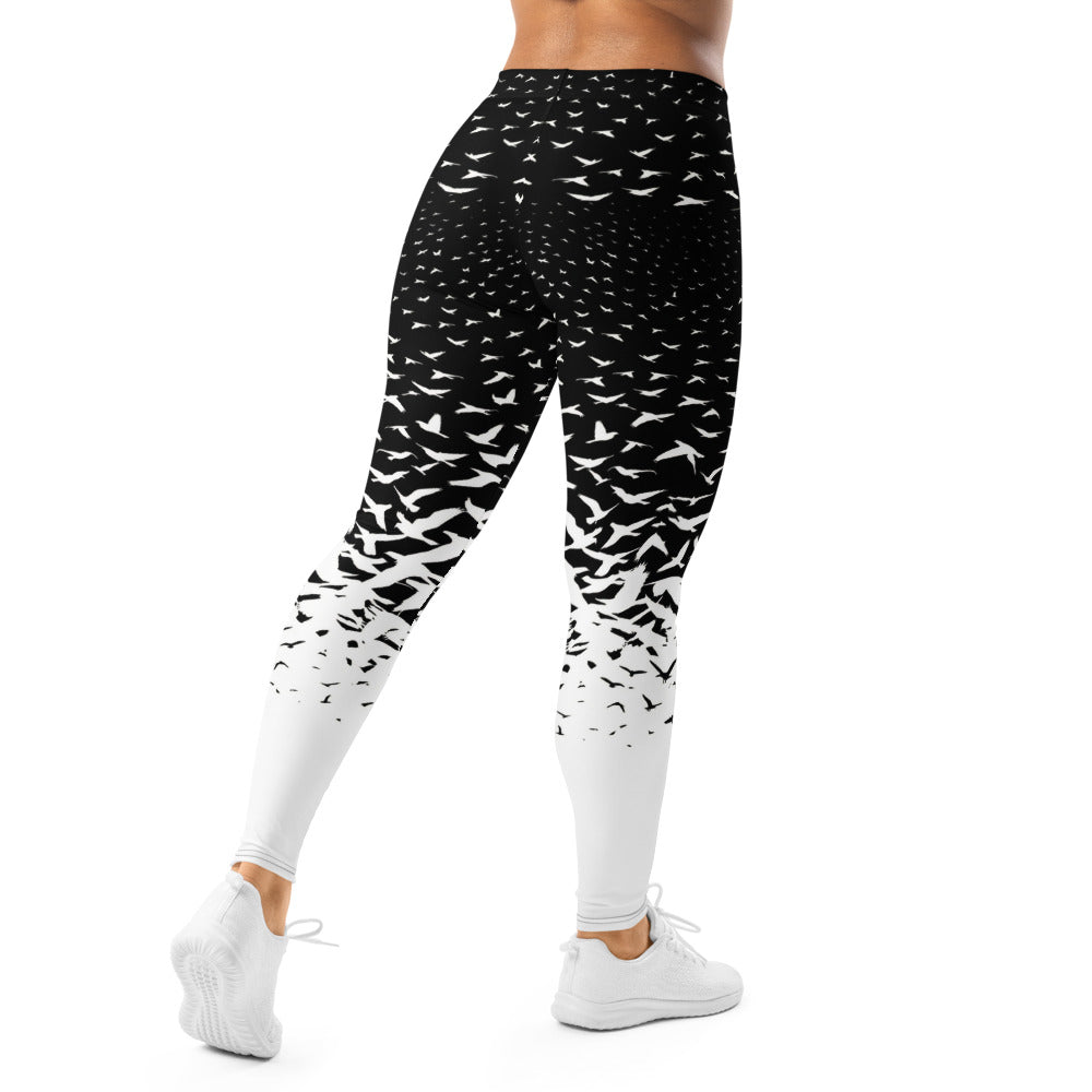 Personalisierte Damen Sportleggings Schwarz Weiß Vogelmuster Fitness Yoga Leggings Farbverlauf J054