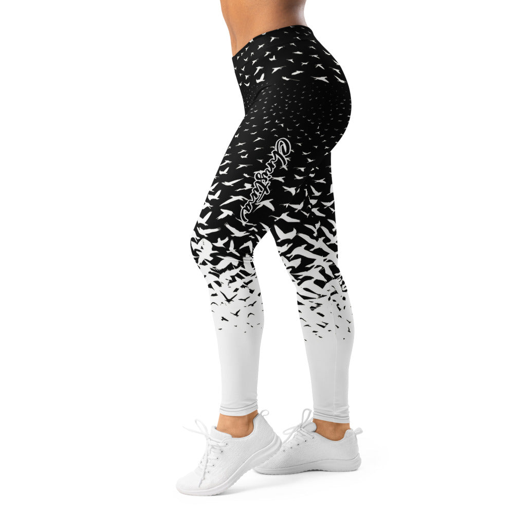 Personalisierte Damen Sportleggings Schwarz Weiß Vogelmuster Fitness Yoga Leggings Farbverlauf J054