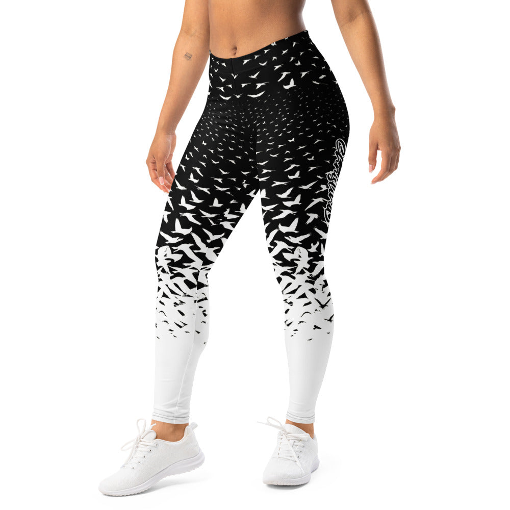 Personalisierte Damen Sportleggings Schwarz Weiß Vogelmuster Fitness Yoga Leggings Farbverlauf J054