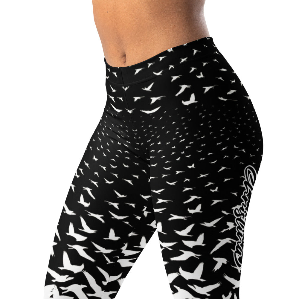 Personalisierte Damen Sportleggings Schwarz Weiß Vogelmuster Fitness Yoga Leggings Farbverlauf J054