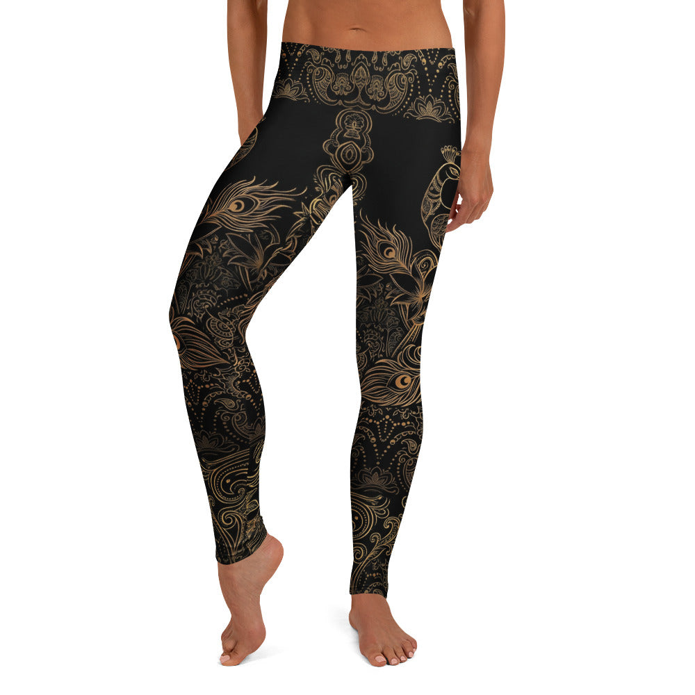Personalisierte Damen Sportleggings Schwarz Gold Pfauenmuster Mandala Yoga Leggings Fitnesshose D002