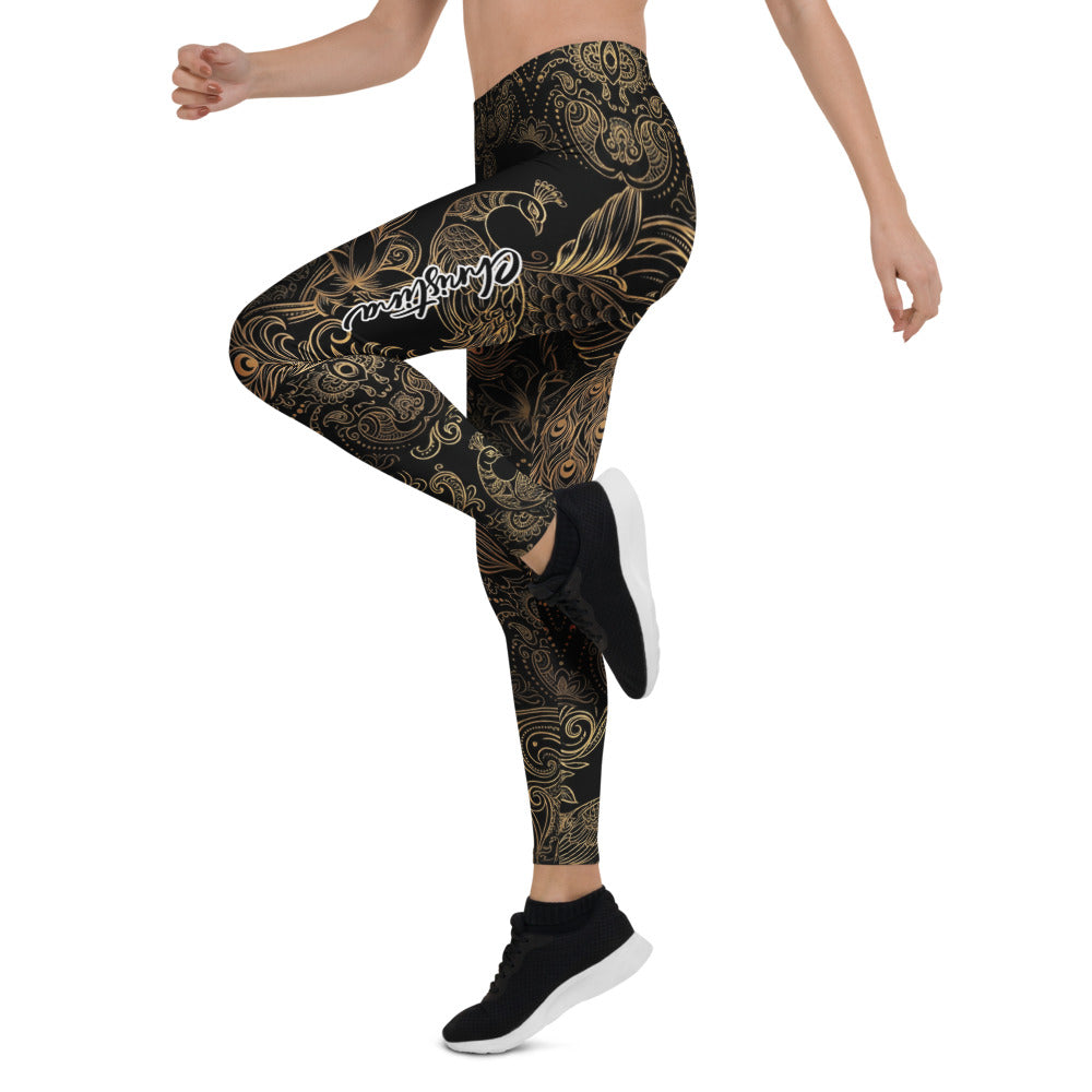 Personalisierte Damen Sportleggings Schwarz Gold Pfauenmuster Mandala Yoga Leggings Fitnesshose D002