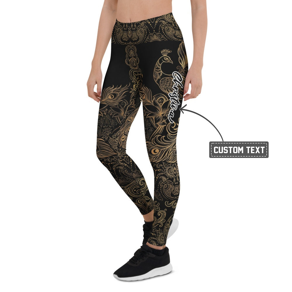 Personalisierte Damen Sportleggings Schwarz Gold Pfauenmuster Mandala Yoga Leggings Fitnesshose D002 - XL