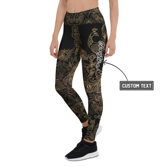 Personalisierte Damen Sportleggings Schwarz Gold Pfauenmuster Mandala Yoga Leggings Fitnesshose D002 - XL