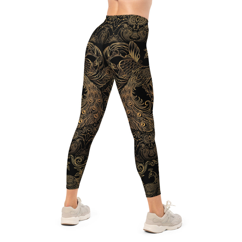 Personalisierte Damen Sportleggings Schwarz Gold Pfauenmuster Mandala Yoga Leggings Fitnesshose D002