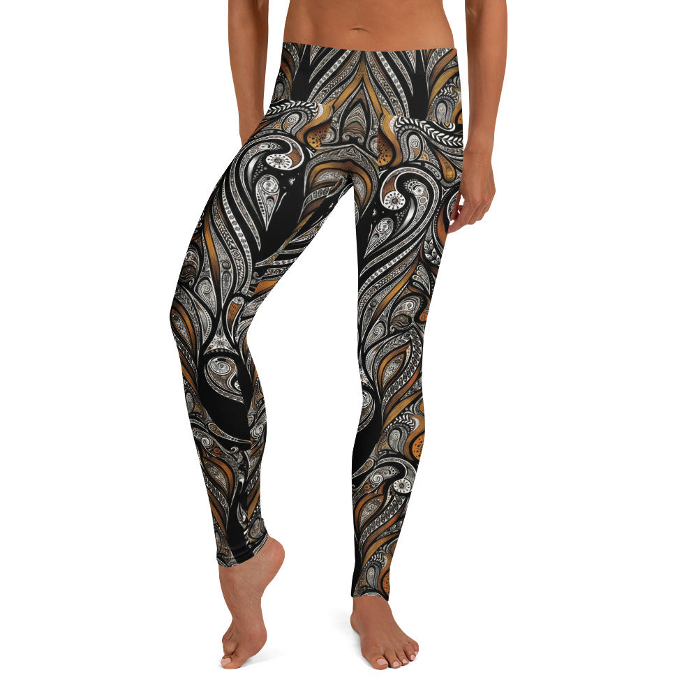 Personalisierte Sportleggings Damen Ornament Muster Schwarz Bronze Fitness Yoga Leggings Abstrakt W967
