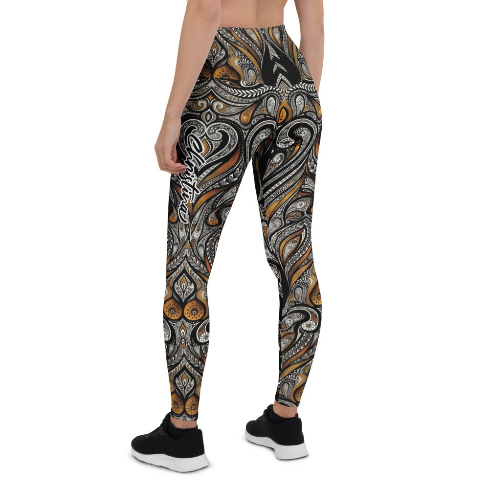 Personalisierte Sportleggings Damen Ornament Muster Schwarz Bronze Fitness Yoga Leggings Abstrakt W967