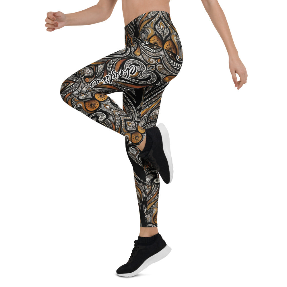 Personalisierte Sportleggings Damen Ornament Muster Schwarz Bronze Fitness Yoga Leggings Abstrakt W967