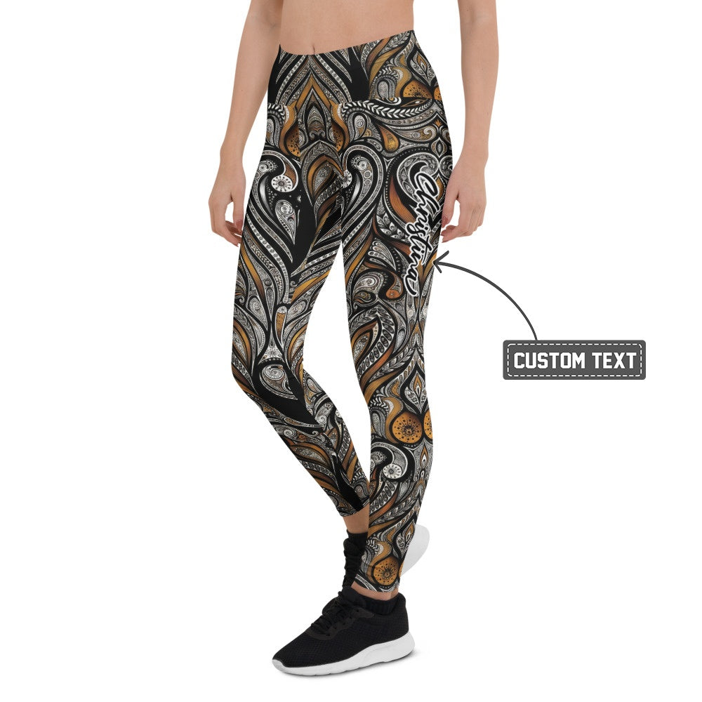 Personalisierte Sportleggings Damen Ornament Muster Schwarz Bronze Fitness Yoga Leggings Abstrakt W967 - XL