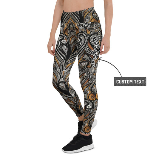 Personalisierte Sportleggings Damen Ornament Muster Schwarz Bronze Fitness Yoga Leggings Abstrakt W967 - XL