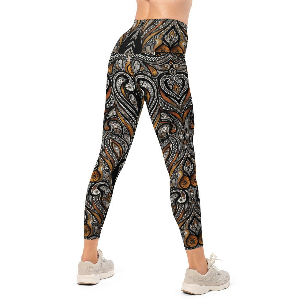 Personalisierte Sportleggings Damen Ornament Muster Schwarz Bronze Fitness Yoga Leggings Abstrakt W967
