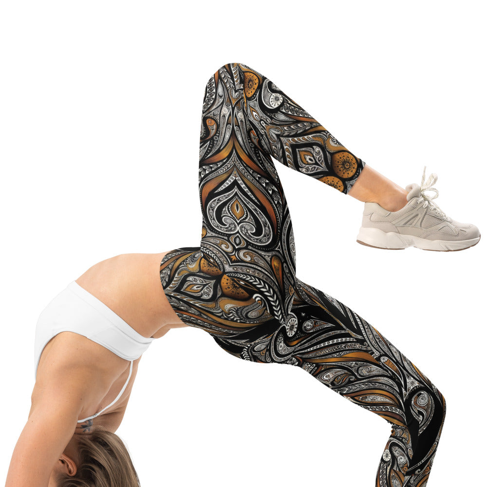 Personalisierte Sportleggings Damen Ornament Muster Schwarz Bronze Fitness Yoga Leggings Abstrakt W967