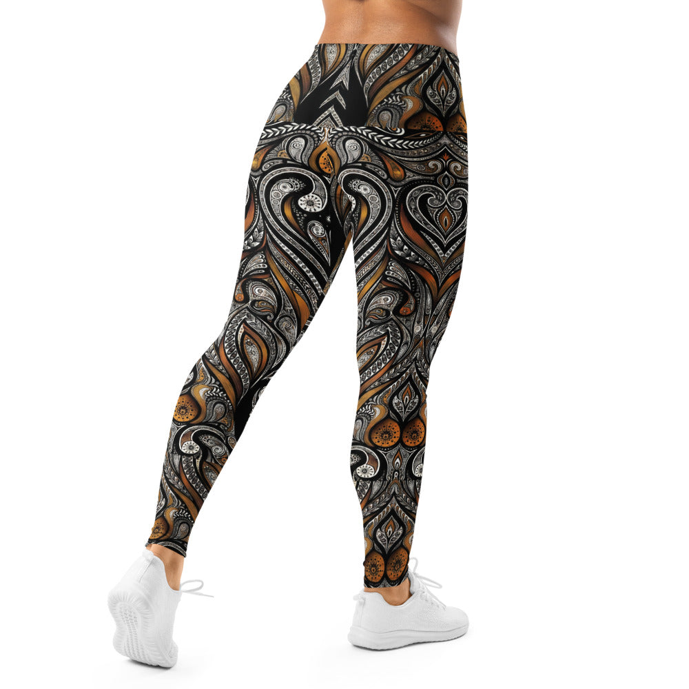 Personalisierte Sportleggings Damen Ornament Muster Schwarz Bronze Fitness Yoga Leggings Abstrakt W967