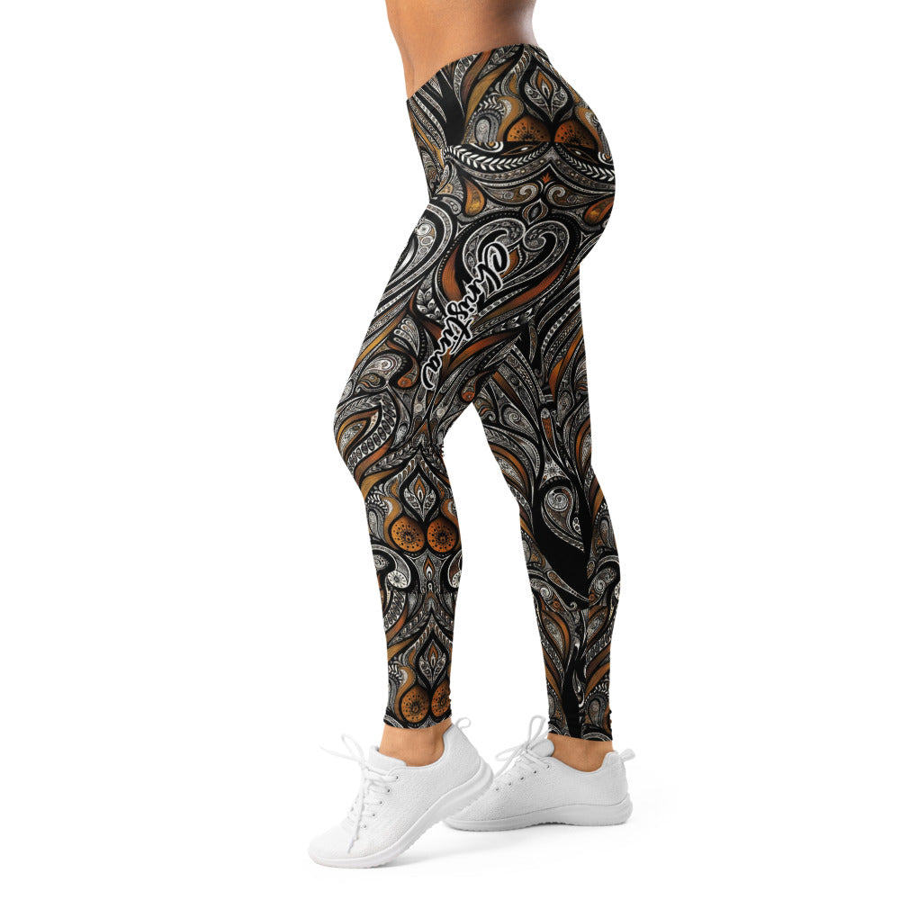 Personalisierte Sportleggings Damen Ornament Muster Schwarz Bronze Fitness Yoga Leggings Abstrakt W967