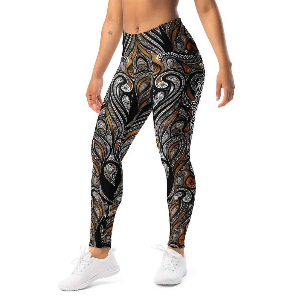 Personalisierte Sportleggings Damen Ornament Muster Schwarz Bronze Fitness Yoga Leggings Abstrakt W967