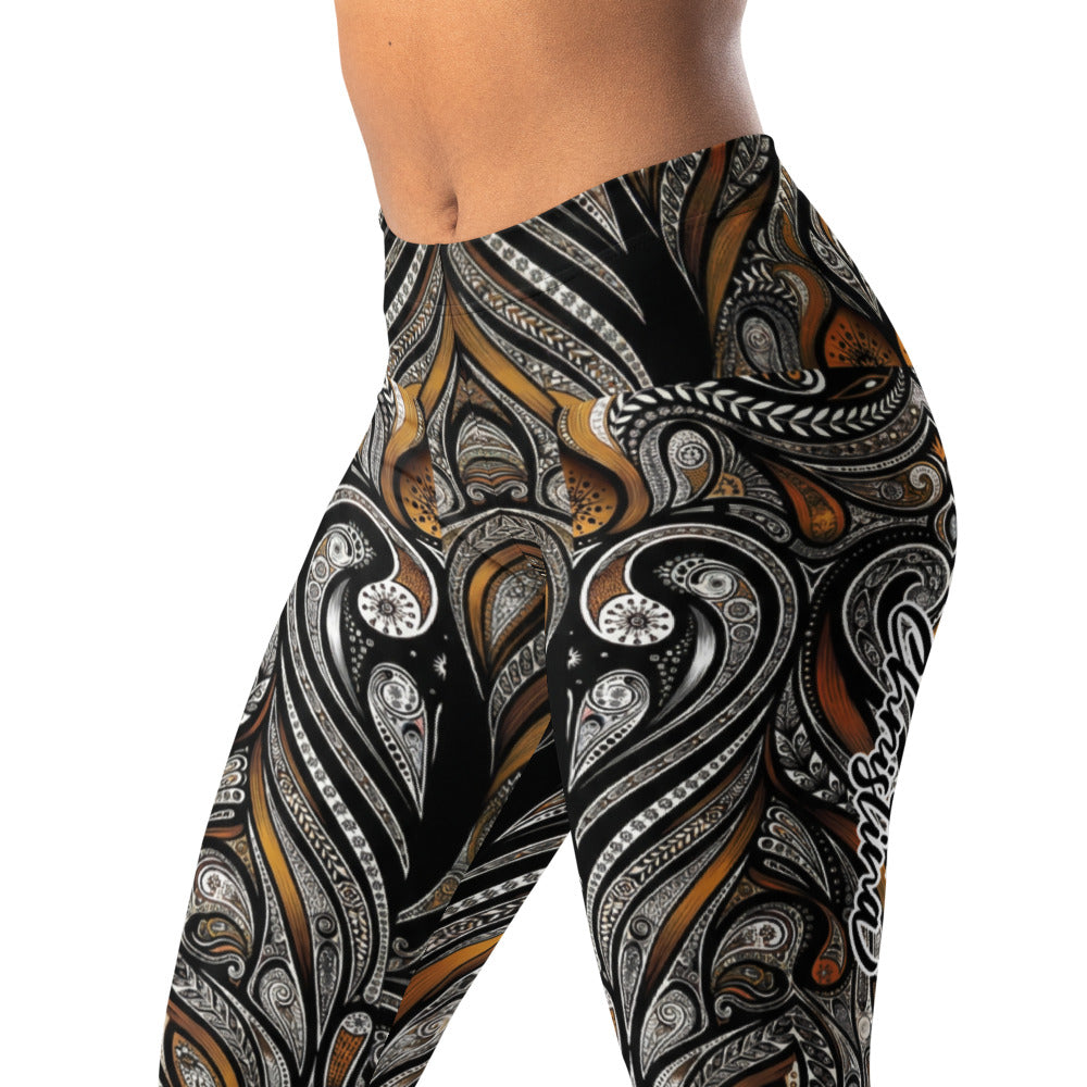 Personalisierte Sportleggings Damen Ornament Muster Schwarz Bronze Fitness Yoga Leggings Abstrakt W967