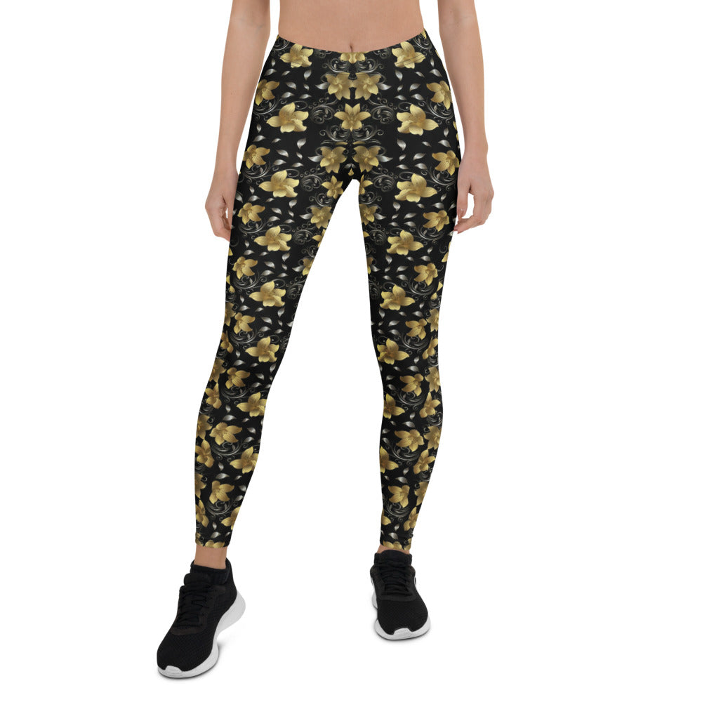 Personalisierte Damen Sportleggings Blumenmuster Schwarz Gold Fitnesshose Yoga Leggings Floral Design D156