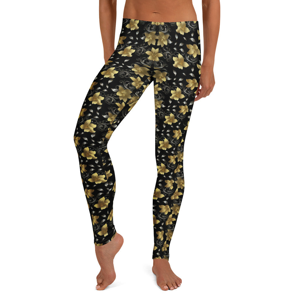 Personalisierte Damen Sportleggings Blumenmuster Schwarz Gold Fitnesshose Yoga Leggings Floral Design D156
