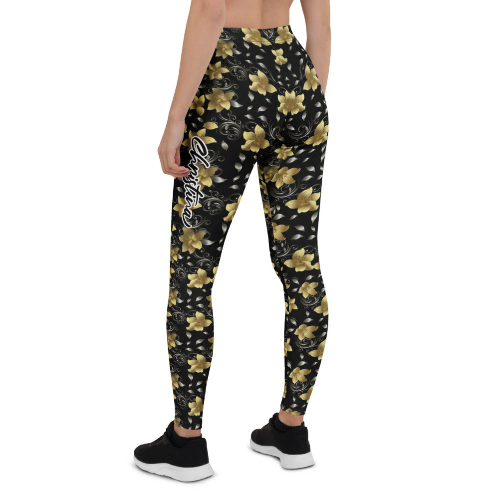 Personalisierte Damen Sportleggings Blumenmuster Schwarz Gold Fitnesshose Yoga Leggings Floral Design D156