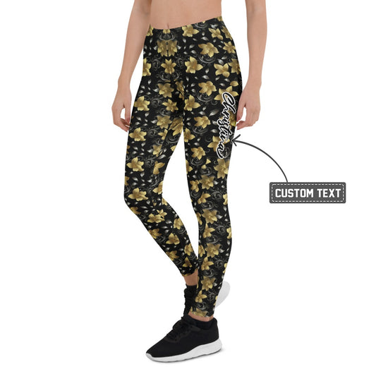 Personalisierte Damen Sportleggings Blumenmuster Schwarz Gold Fitnesshose Yoga Leggings Floral Design D156 - XL