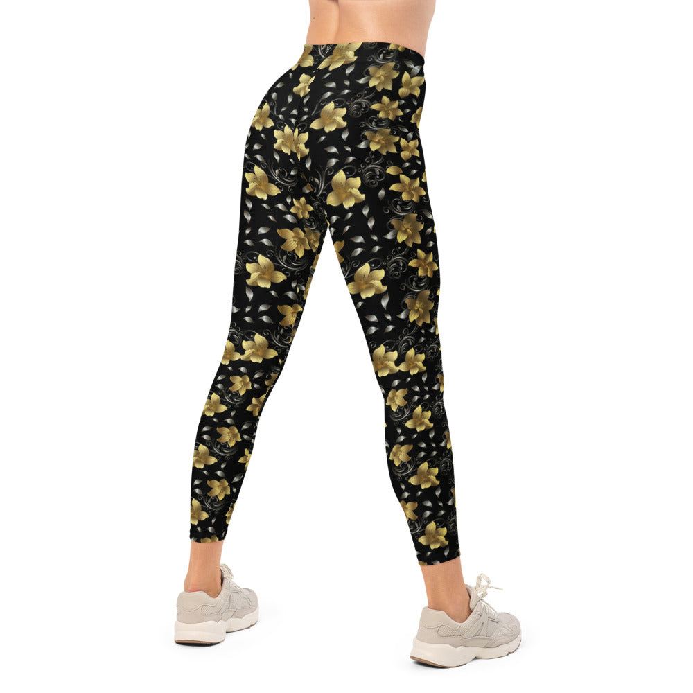 Personalisierte Damen Sportleggings Blumenmuster Schwarz Gold Fitnesshose Yoga Leggings Floral Design D156