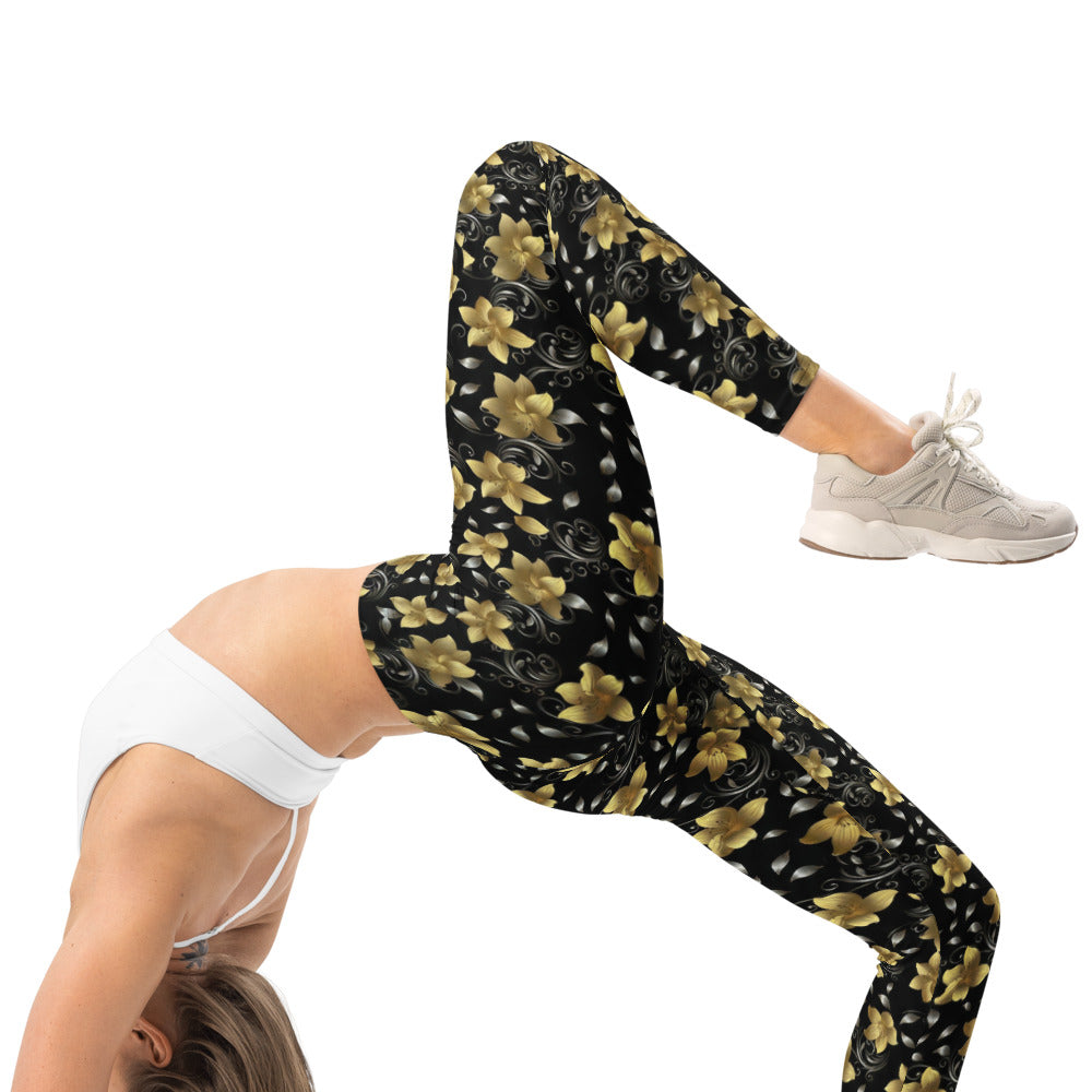 Personalisierte Damen Sportleggings Blumenmuster Schwarz Gold Fitnesshose Yoga Leggings Floral Design D156