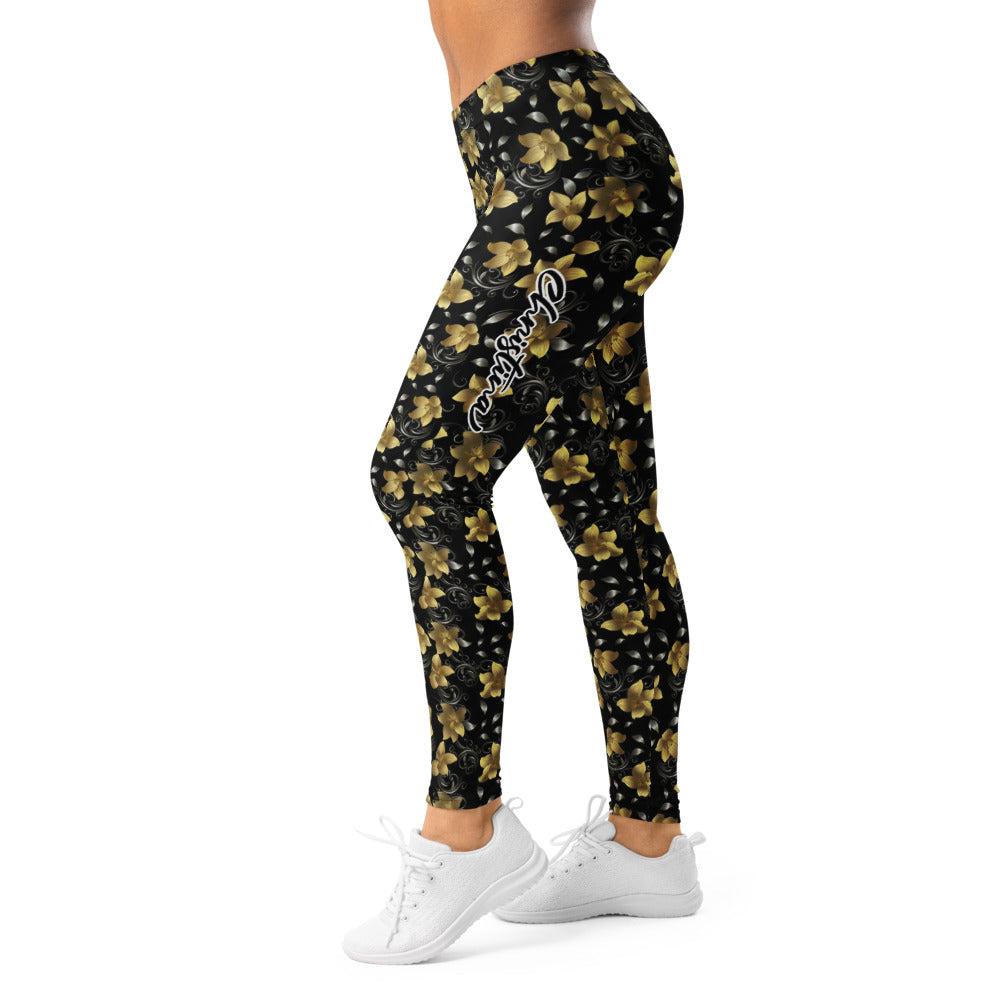 Personalisierte Damen Sportleggings Blumenmuster Schwarz Gold Fitnesshose Yoga Leggings Floral Design D156