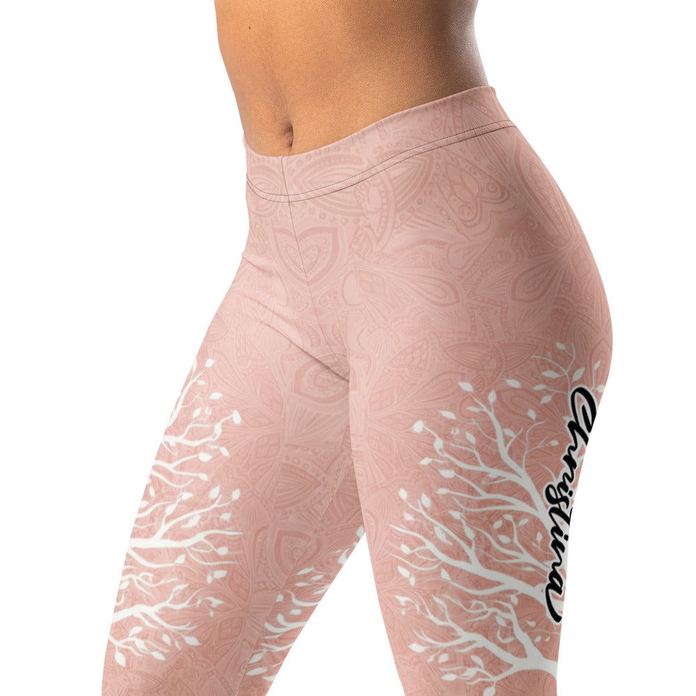 Personalisierte Damen Sportleggings Lebensbaum Design Altrosa Mandala Muster Yoga Fitness Leggings M390