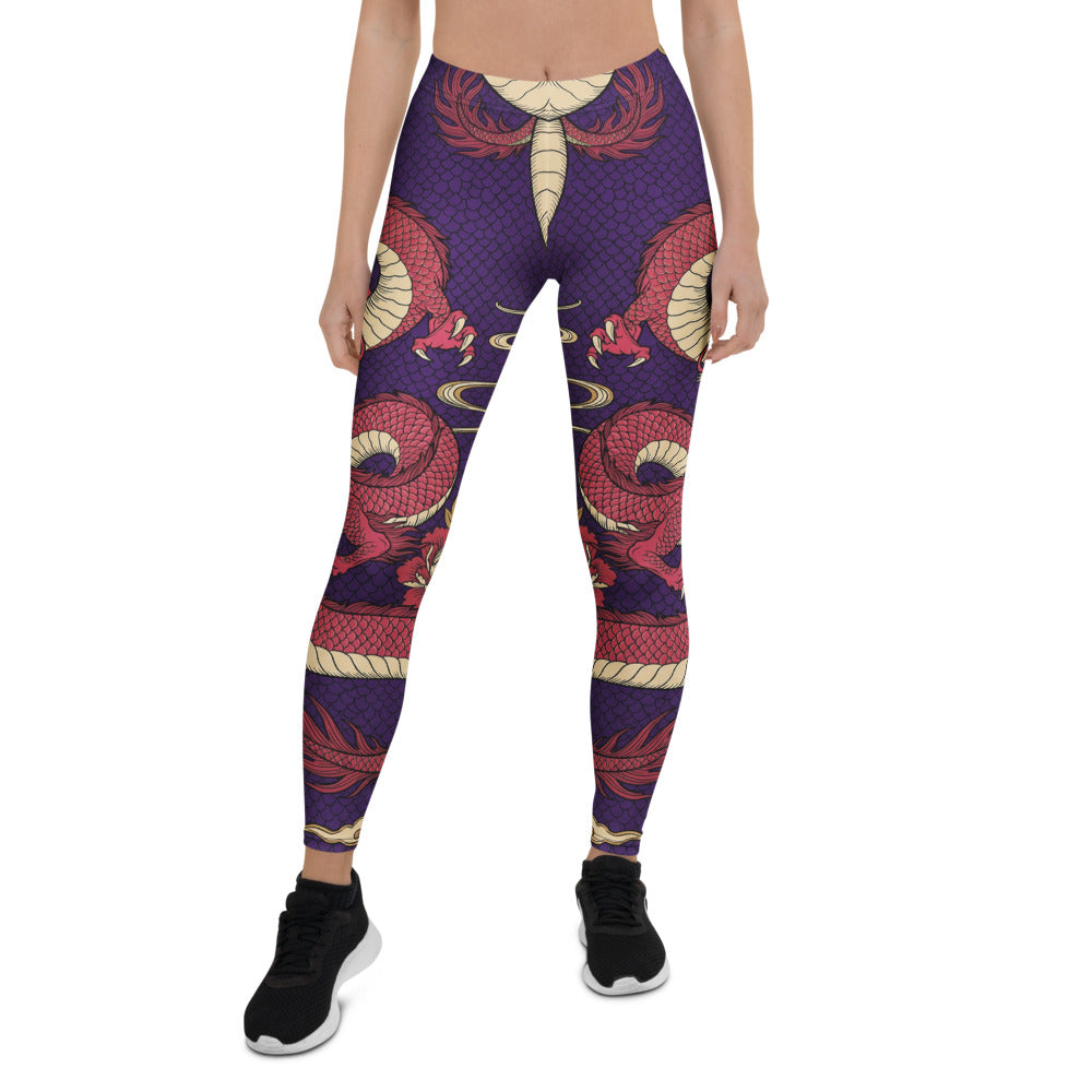 Personalisierte Damen Sportleggings Drachen Motiv Lila Rot Fitness Leggings Japan Design Yoga Hose X399